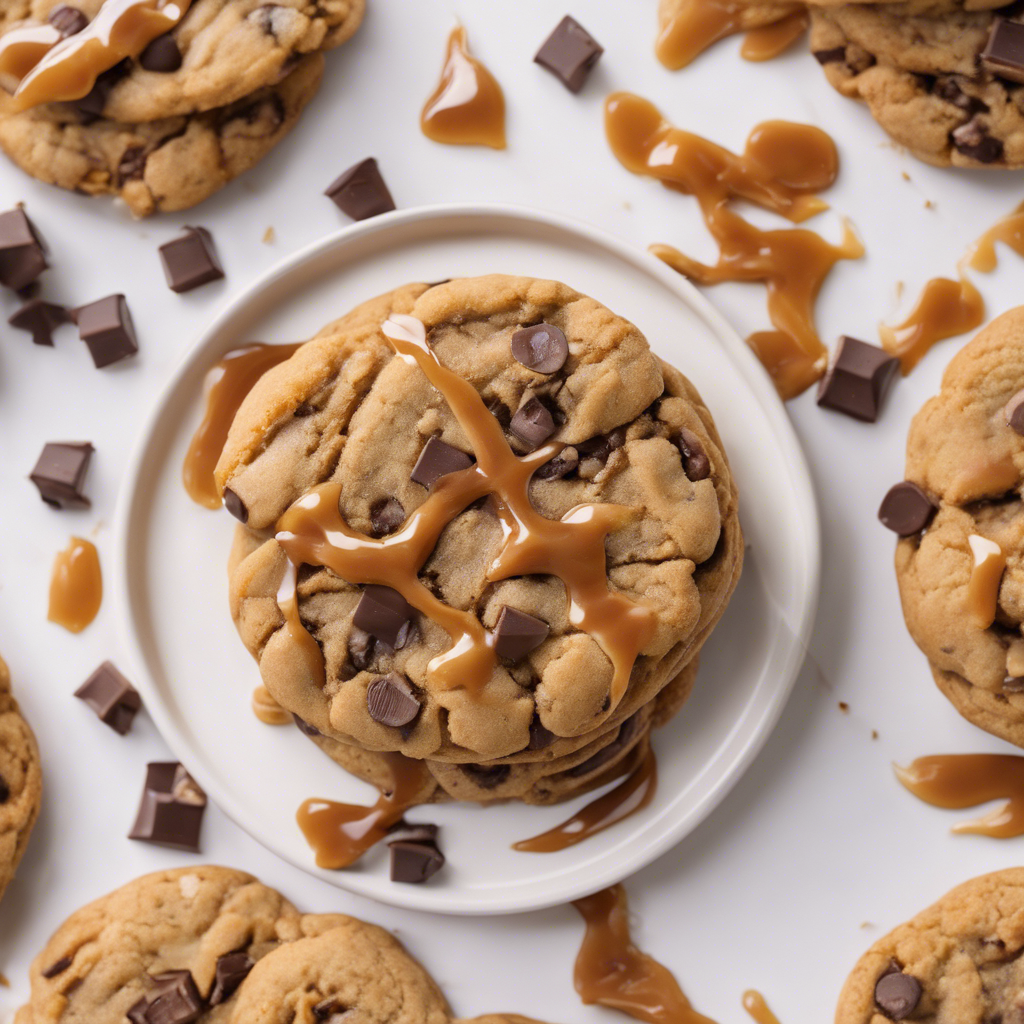 Peanut Butter Chocolate Chip Cookies with Caramel Drizzle